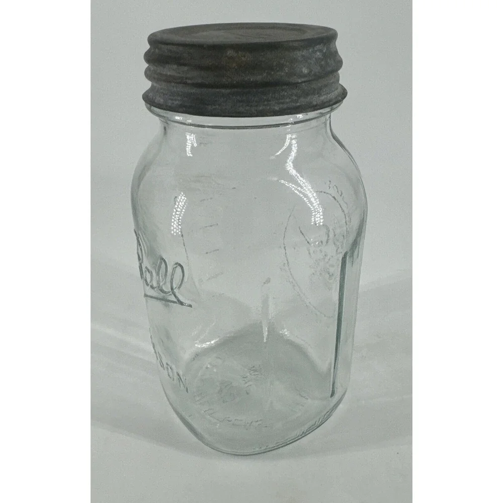 Ball Mason Canning Jar Qt Blue Tint Glass Measure Sculptured 62 C10‎ w/Zinc Lid
